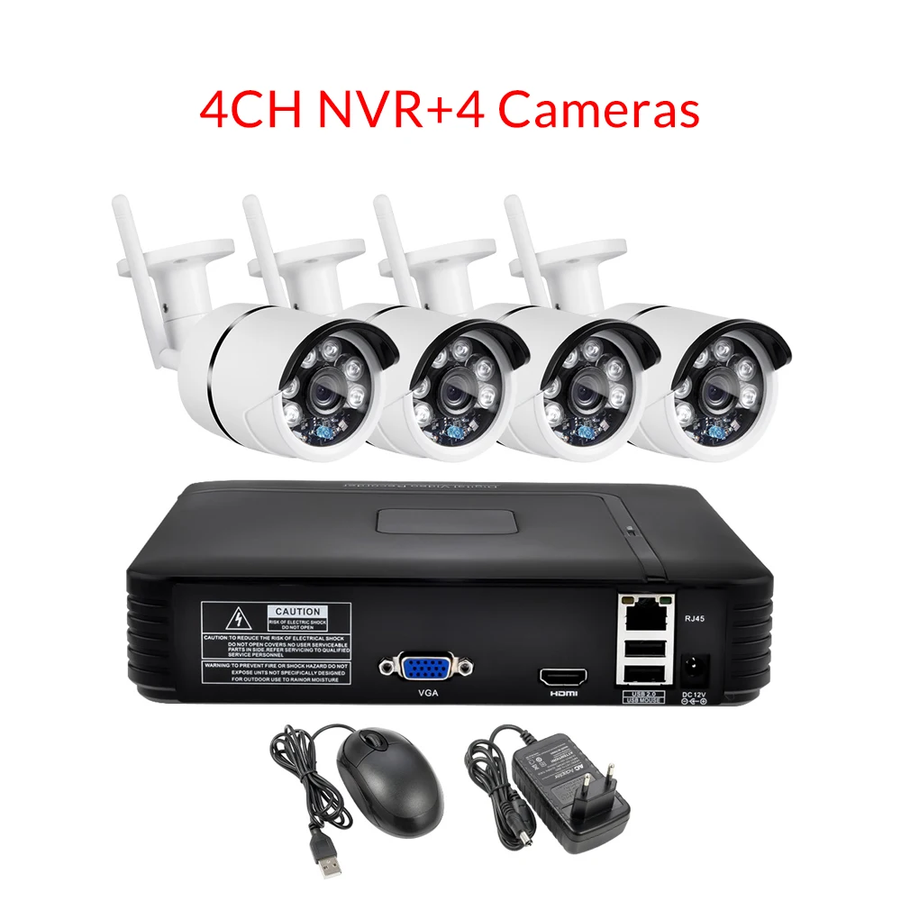 CCTV камера видеонаблюдения Система безопасности cctv комплект беспроводной защищенная от внешних воздействий ip-камера HDMI рекордер wifi 4 шт. 1MP IR Открытый - Цвет: 4CH NVR 4 Camera