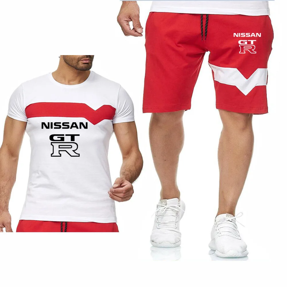 

2020 The New Summer Men T-shirt GTR Car Logo Short Sleeve Fashion High quality Colorblock Cotton Men's T-shirt+shorts suit 2pcs