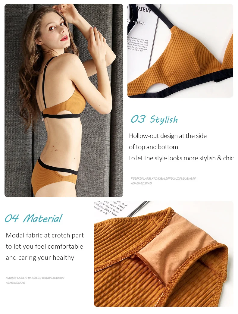 Французский спортивный стиль Bralette контрастного цвета хлопок Ребристое нижнее белье полые Triangel чашки без стали женское белье набор