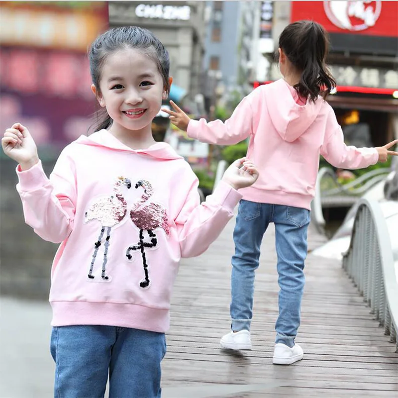 Детская толстовка с капюшоном длинным рукавом рисунком фламинго блестками