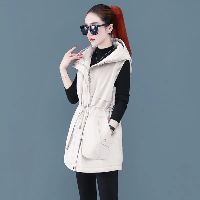 

Autumn Winter Parka Down Cotton Vest Women Hooded Korean Mid-Length Femme Sleeveless Jacket Drawstring Ladies Waistcoat G668