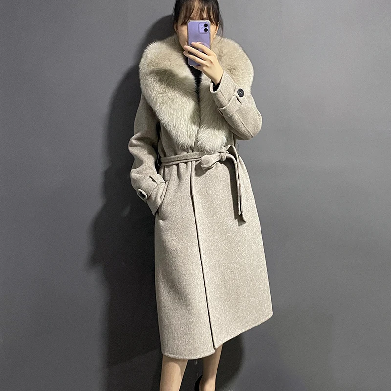 

w2109 Real Fox Fur Collar Women's Long Wool Coat with Belt