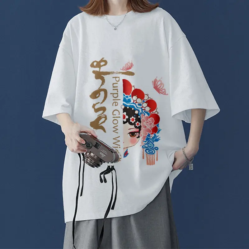 

Tufaha Chinese Style Summer Short Sleeve T-shirt Women's Print Loose Casual Top T-shirt for Lovers Oversized T Shirt Tees