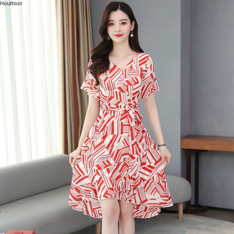 

Women's Dresses Plus Size Loose Print Lady Dress New O-neck Fashion Casual Dresse Knee-Length Chiffon A-LINE Houthion