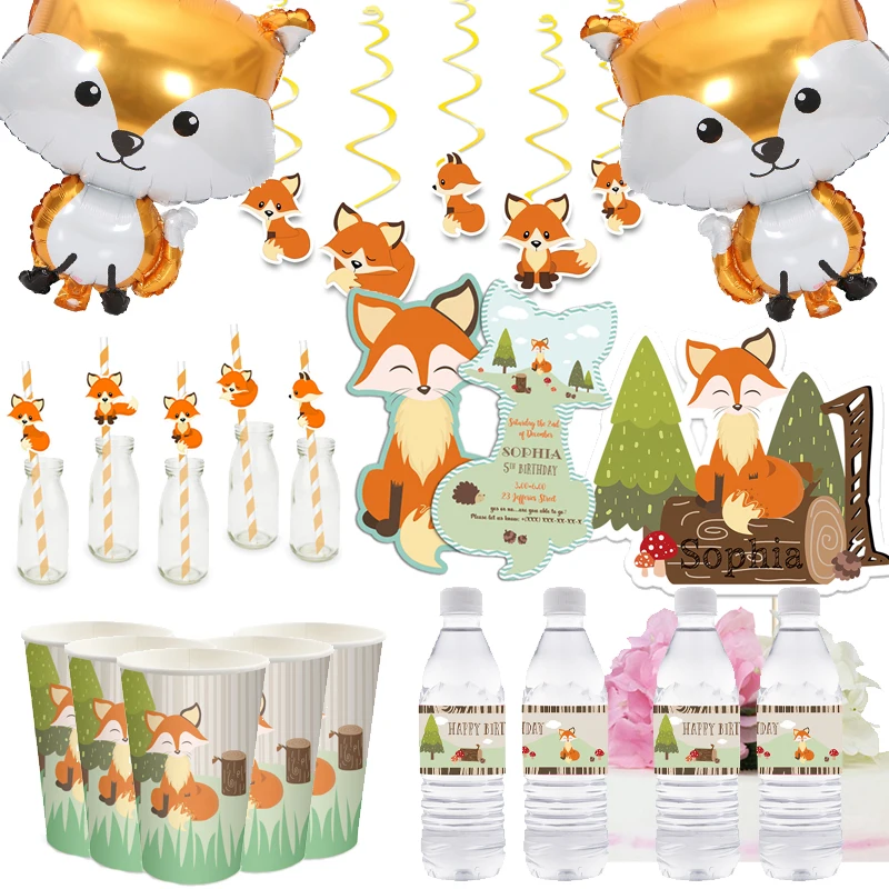 

Fox Theme Party Supplies Birthday Cake Topper Pape Cups Fox Balloon Invitations Straws Bottle Label Favor Box Party Decorations