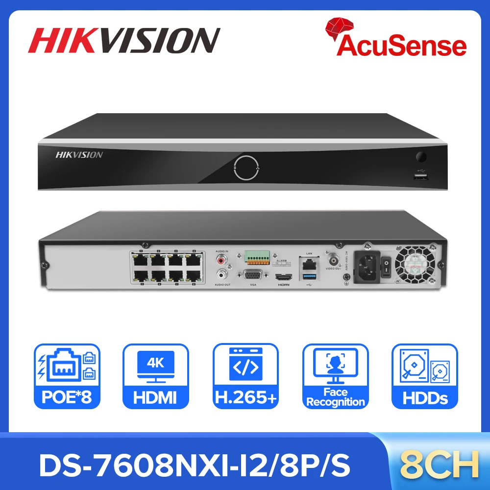 

Hikvision Original 8CH NVR 4K 8MP Network Video Recorder DS-7608NXI-I2/8P/S 8 POE AcuSense H.265 HDD NVR for CCTV Camera System