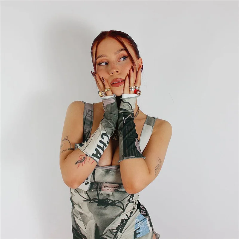 

2021 Summer New Sexy Square Neck Sleeveless Printed Navel Slim Slim Vest