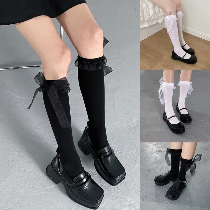 

Women Girls Solid Color Calf-Length/Knee High Socks Japanese Lolita Kawaii Sweet Ribbon Bow Ruffles Lace College Style Vintage