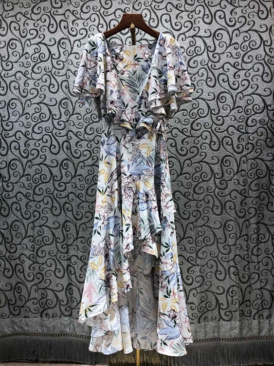 

2021 new women fashion short-sleeved deep V-neck printed pattern color-blocking slim long dress 423