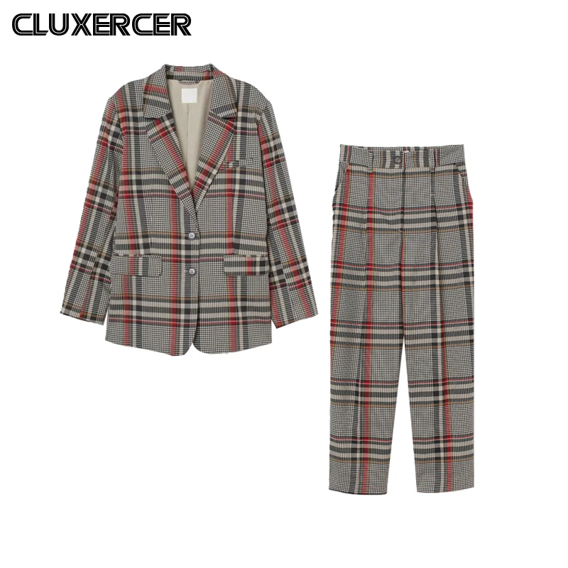 Женский деловой костюм клетчатые брючные костюмы женские офисные двубортные