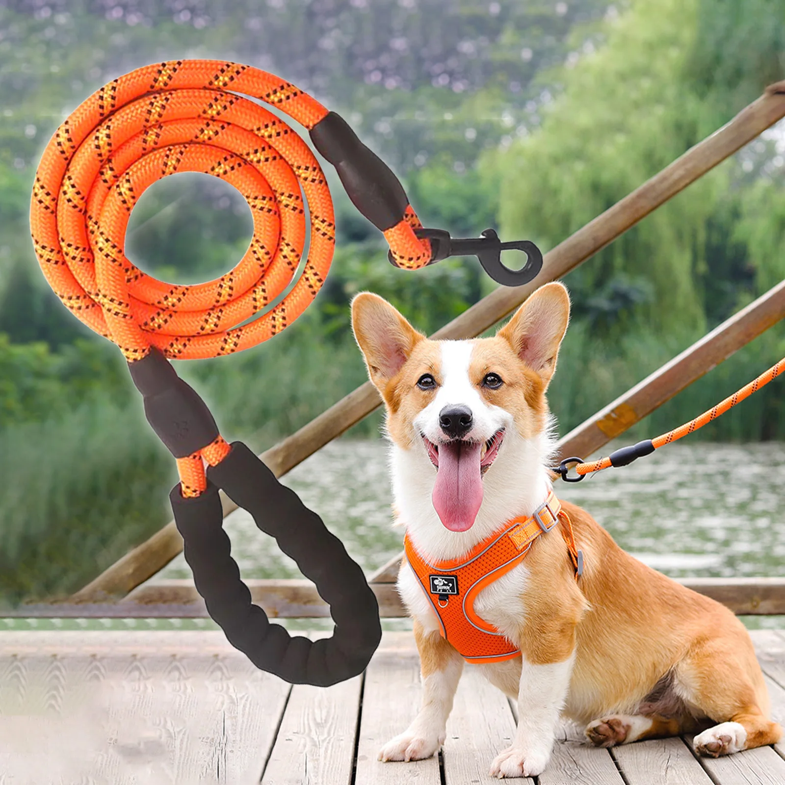 Pet Dog Leash Reflective Leash 5Ft 1/2inch Strong Rope with Foam Padded Handle Rotatable Hook Nylon Rope Heavy Duty Leash Walk