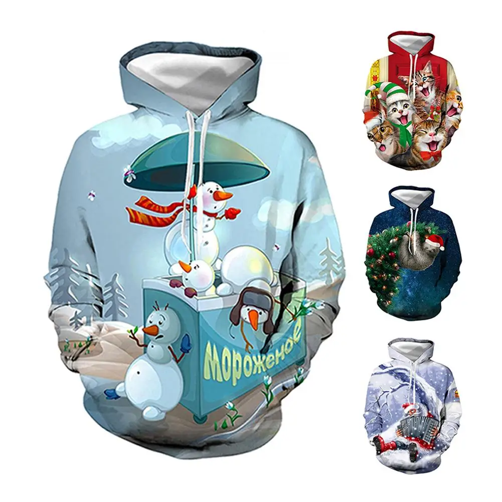 

2020 Fashion Warm Christmas Sweater Men Christmas Sweater Novelty Snowman 3D Sweater Hooded Sweate Santa Claus Large Size 5XL