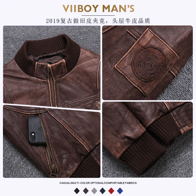 2020 Genuine Male Head Layer Pure Cowhide Do Used Baseball Leather Clothing Loose Coat Short Fund Fashion | Мужская одежда
