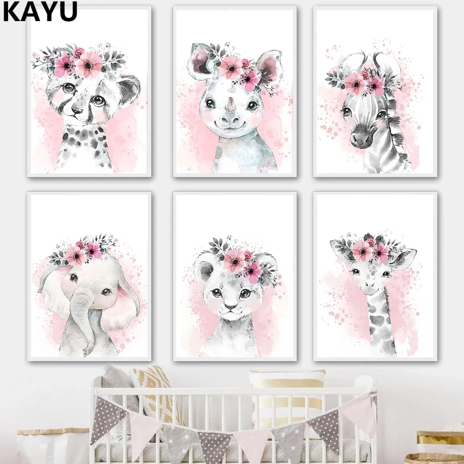 

Настенные плакаты для детской комнаты, Картина на холсте с акварелью, цветами, зеброй, слоном, львом, жирафом, украшение для комнаты маленьки...
