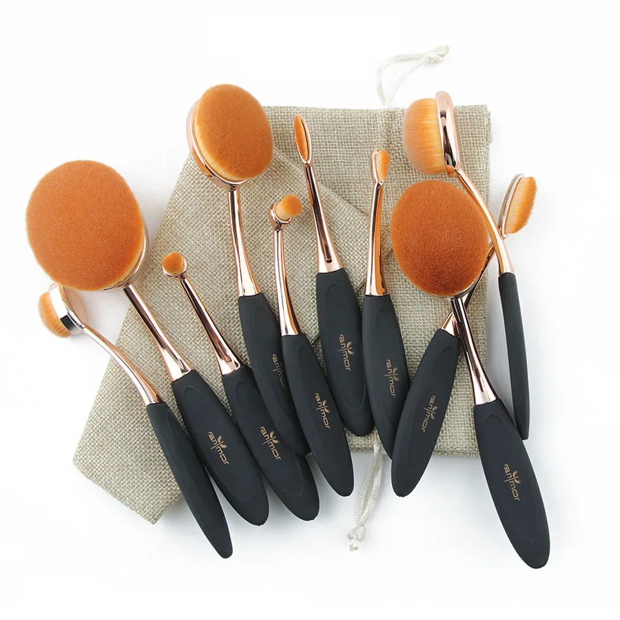 

Anmor 10 PCS Oval Makeup Brushes Rose Gold Synthetic Hair Foundation Concealer Contour Brush Set with Canvas Pouch