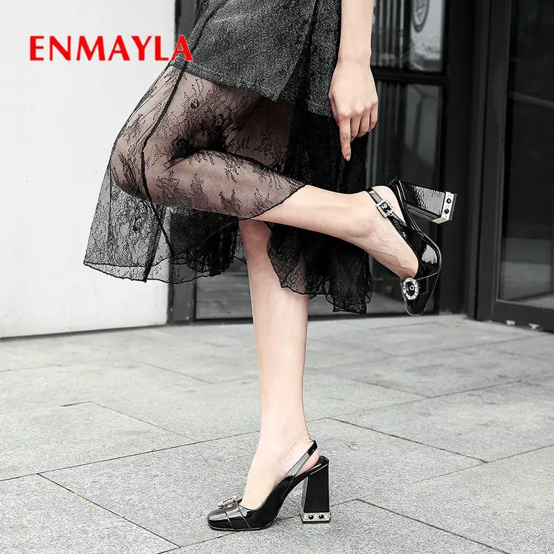 ENMAYLA 2020 Party Patent Leather Womens Shoes Slingbacks Buckle Strap Wedding Shoes Square Heel Round Toe Women Pumps 34-43
