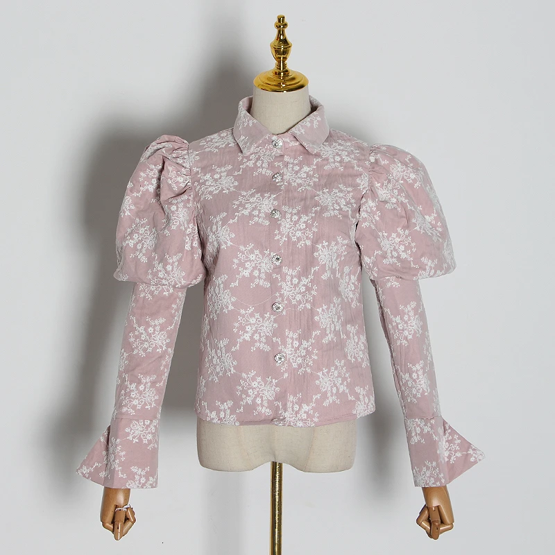 

Vintage Blouse Women Embroidery Mesh Puff Long Sleeve Women Slim Shirts