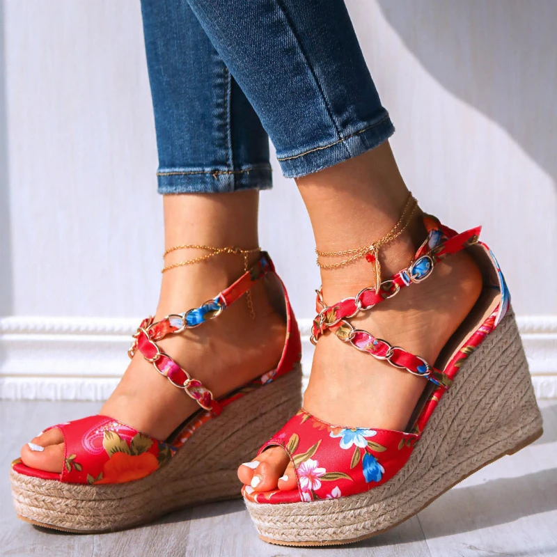 

2020 new fashion top quality summer sandals woman print platform wedge high heels party women shoes hot sell women shoes PU