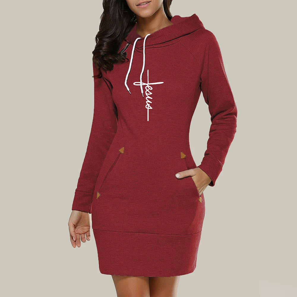 2021 Autumn and Winter Ladies Knee-Length Dress Hooded Warm Sweatshirt Long Sleeve Camp Collar Pocket Simple Casual Sports