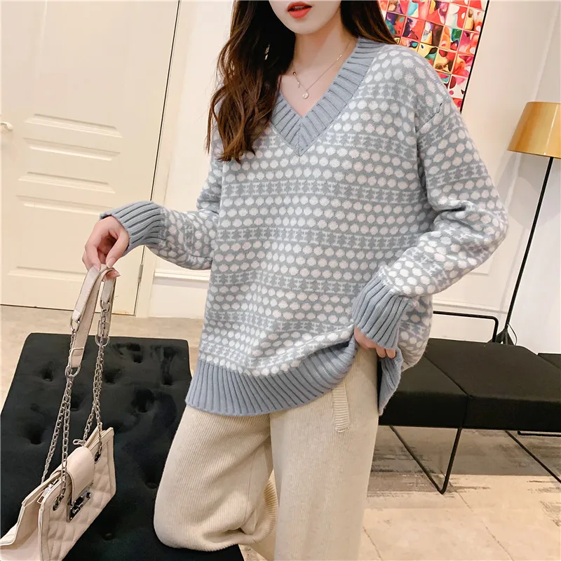 2019 Женский пуловер в горошек с воротником виде курицы и сердца длинными рукавами