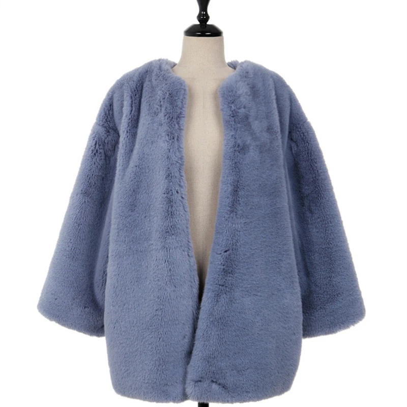 

South Korea's new imitation fur coat trumpet sleeves mid-length loose fashion haze blue round neck noble temperament fur coat