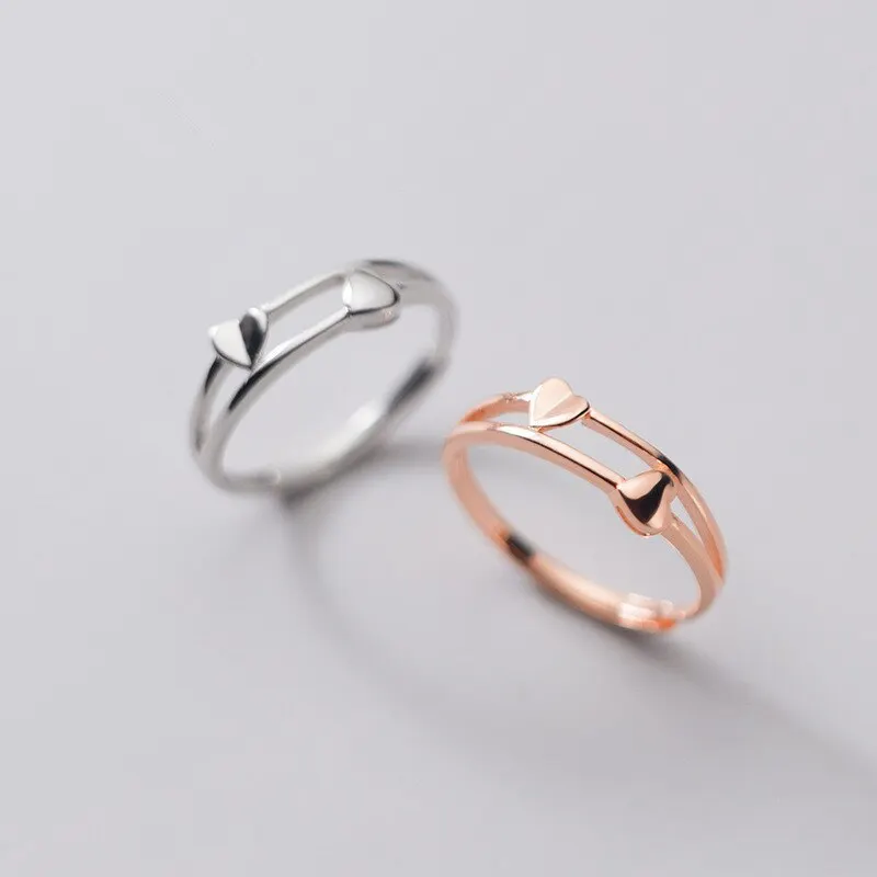 

A00633 925 Sterling Silver Minimalist Romantic Double Love Heart Opening Finger Ring for Women Wedding Anniversary Jewelry