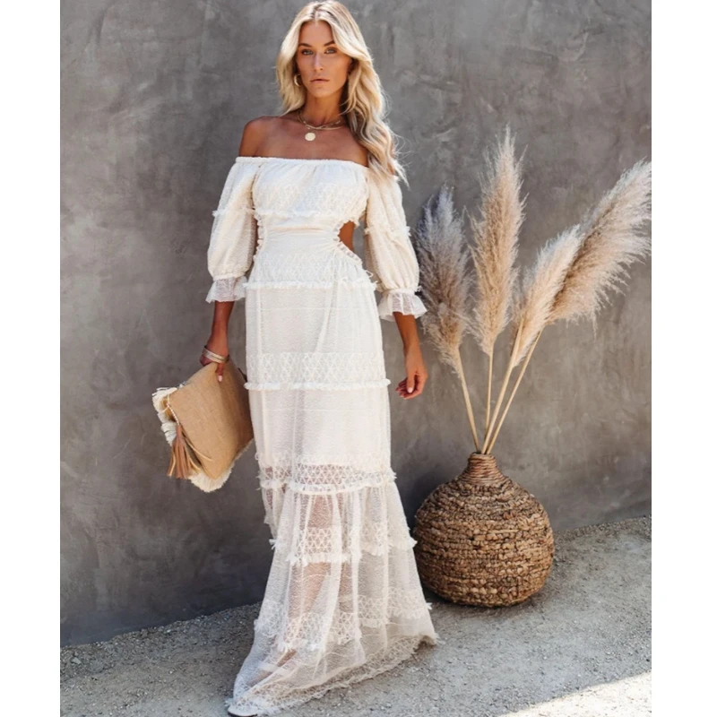 

WEPBEL Dress Women's Casual Solid Lace Mesh Patchwork Slim Dress Summer Backless Hlaf Lantern Sleeve Slash Neck Pleated Dress