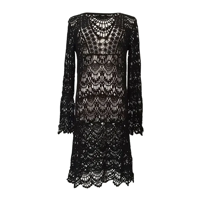 2021 Sexy Crocheted Seaside Vacation Beach Cover-Up Bathing Suit Beach Woman Dress With Long Sleeves Sunscreen Long Skirt