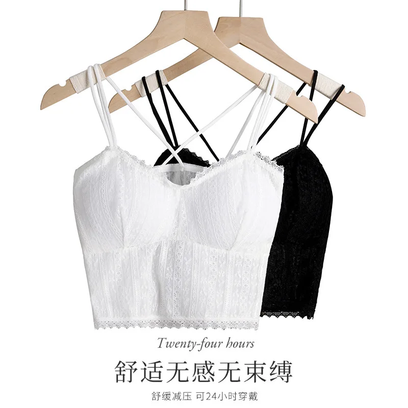 

Female Fashion Deep V Wrapped Chest Camisole Padded Ladies Bra Hollow Lace Mesh Underwear Women Breathable