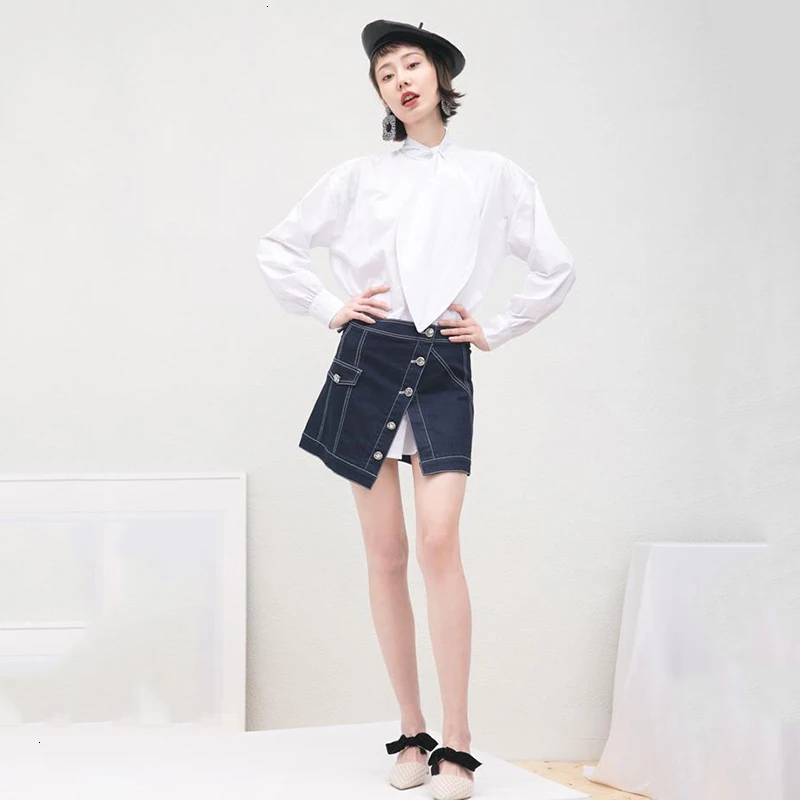 

CHICEVER White Shirt For Women Bowknot Stand Collar Lantern Long Sleeve Bowknot Loose Oversized Blouse Female 2020 New Clothing