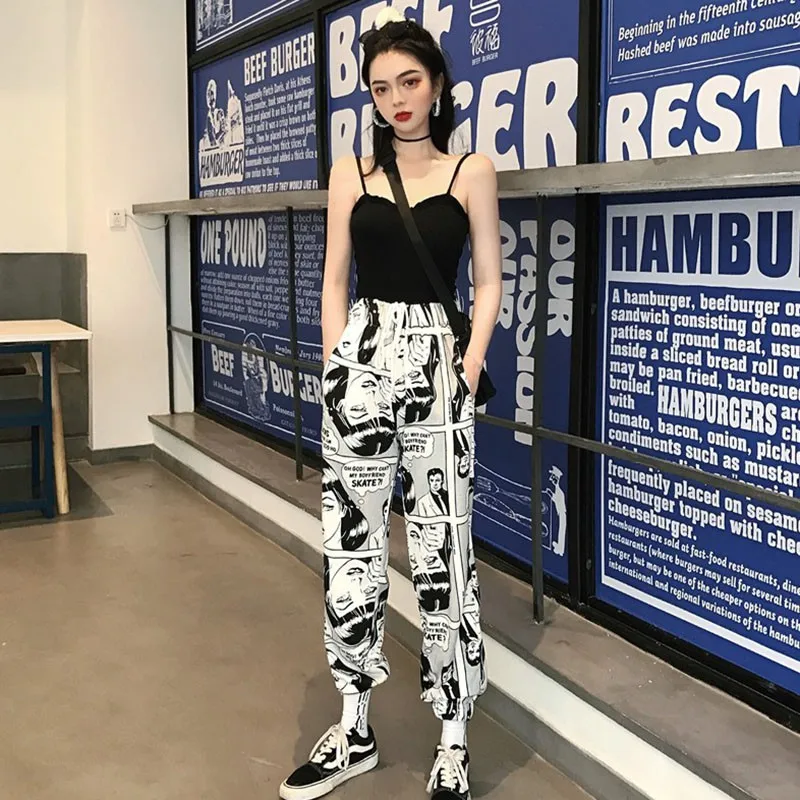 

Ins Style Cartoon Print Drawstring Elastic Waist Long Hip Hop Pants