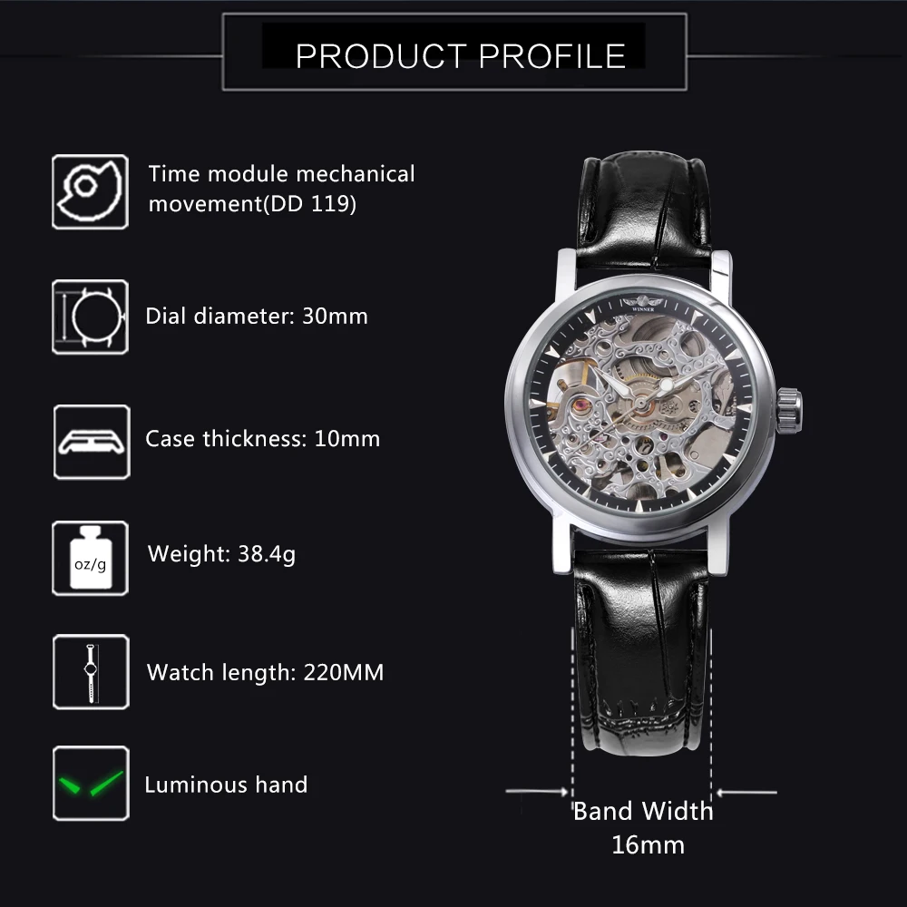 Часы наручные WINNER женские механические люксовые брендовые с кожаным ремешком