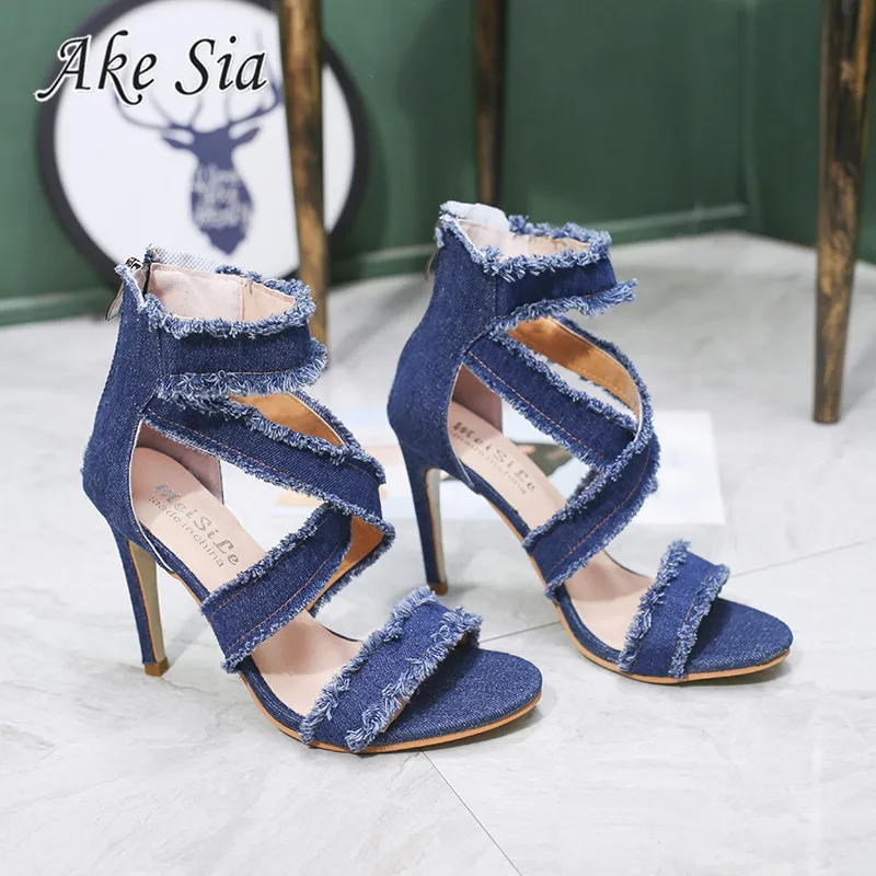 Босоножки женские джинсовые на высоком каблуке винтажные сандалии молнии сзади
