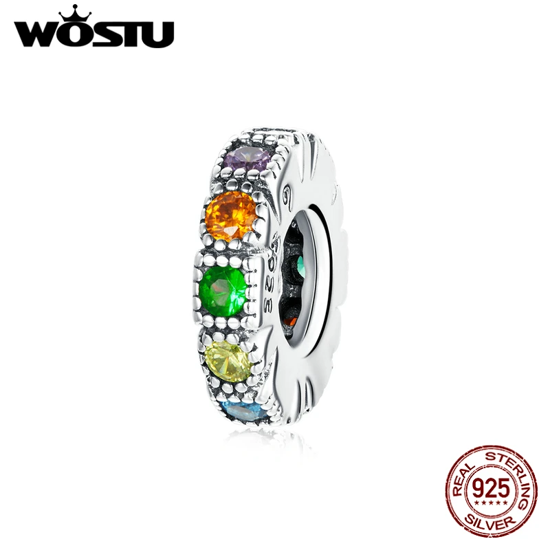 

WOSTU 925 Sterling Silver Charm Colorful Zircon Bead Rainbow Round Pendant Fit Original Bracelet Necklace DIY Jewelry CTC473