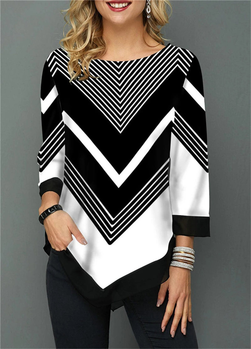 Женские футболки размера плюс полосатая печать неровный подол свинг семь рукав