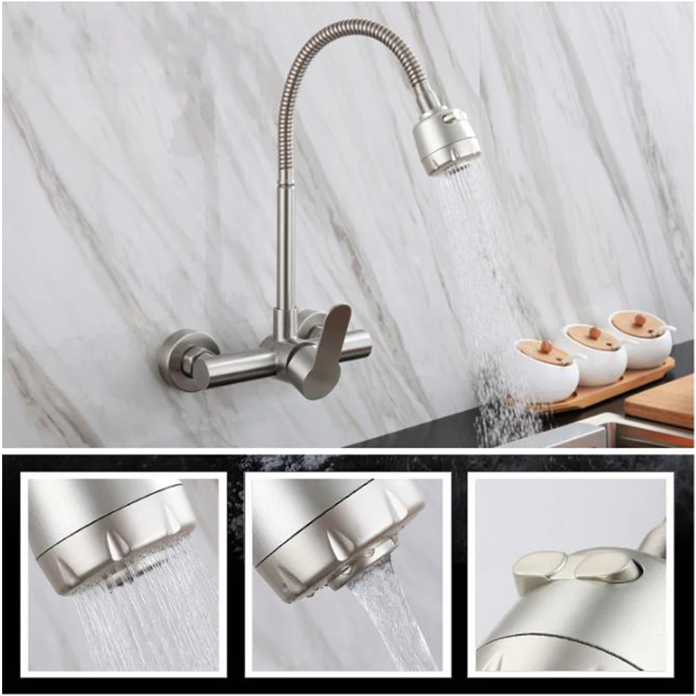 

Wall Mount Kitchen Faucet Single Handle Stainless Steel Cold Hot Mixer Sprayer 360 Degree Swivel Flexible Hose Dual Hole 5years