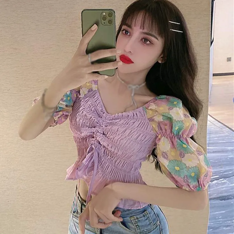 

Summer Blouses Plus Size Drawstring Short V-Neck Floral Patchwork Women Blouses Two-wear Puff Sleeve Shirt