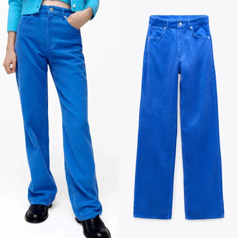 

Брюки TRAF женские вельветовые, модные мешковатые штаны с завышенной талией, с карманами, коричневые синие розовые