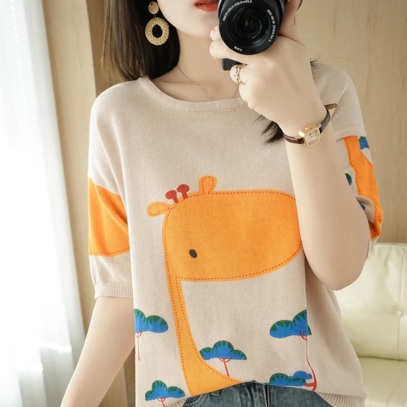 

YUHANRONG Spring 2021 new cartoon printed short sleeve cotton knitwear women's casual loose T-shirt summer thin