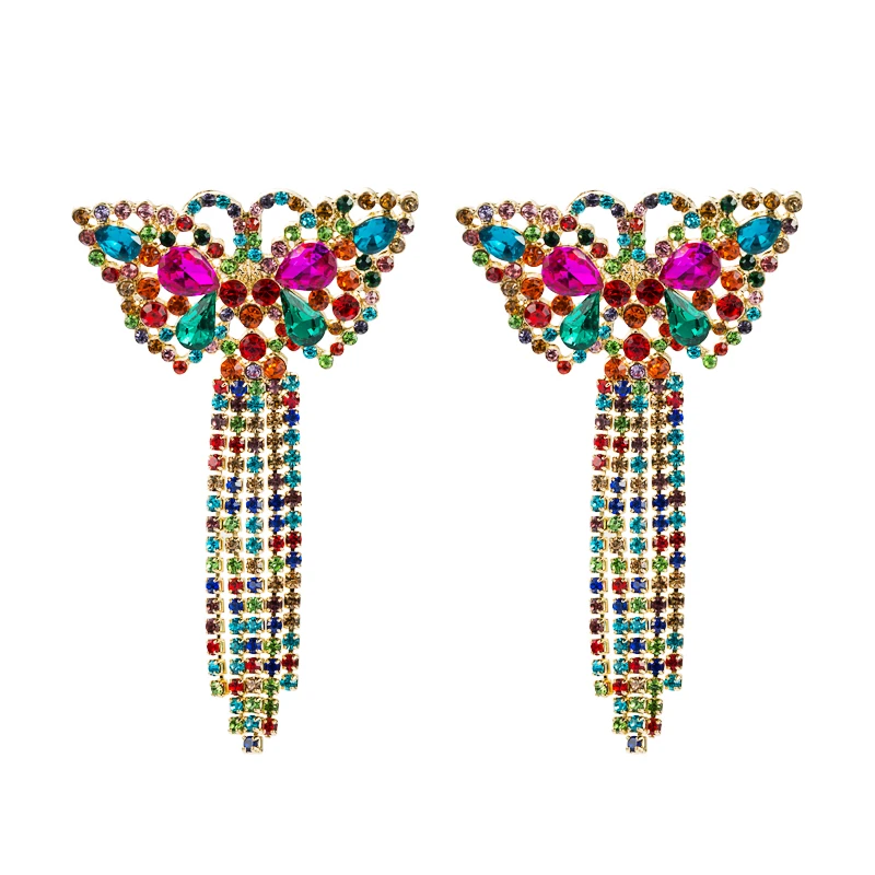 

Luxury Colorful Crystal Butterfly Design Dangle Earrings High Quality Rhinestone Beaded Long Tassel Earrings Girls Party Jewelry