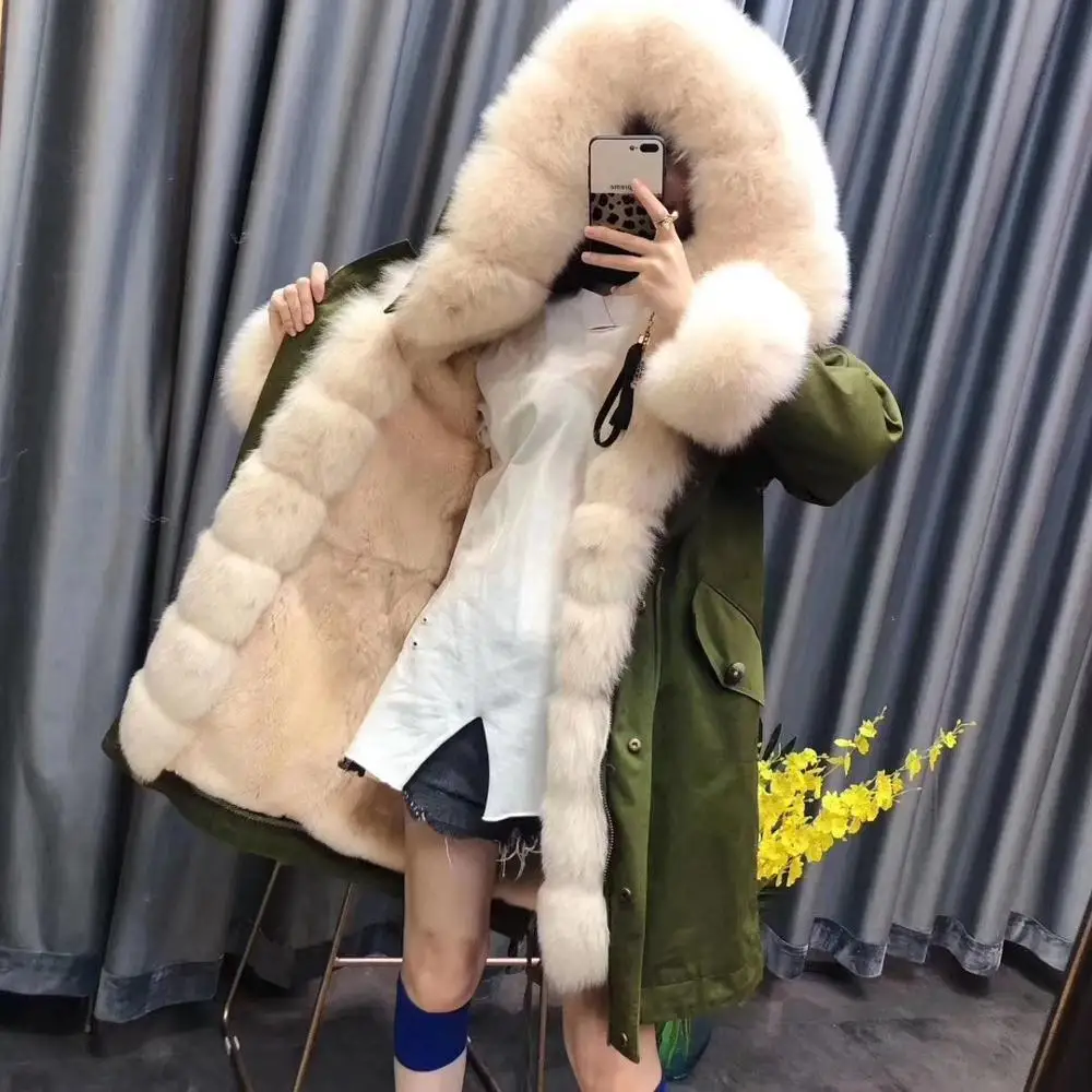 Пальто женское зимнее 2020 новая мода пуховик длинный стиль с воротником из лисьего меха и подкладкой из настоящего кролика-рекса одежда большого размера.