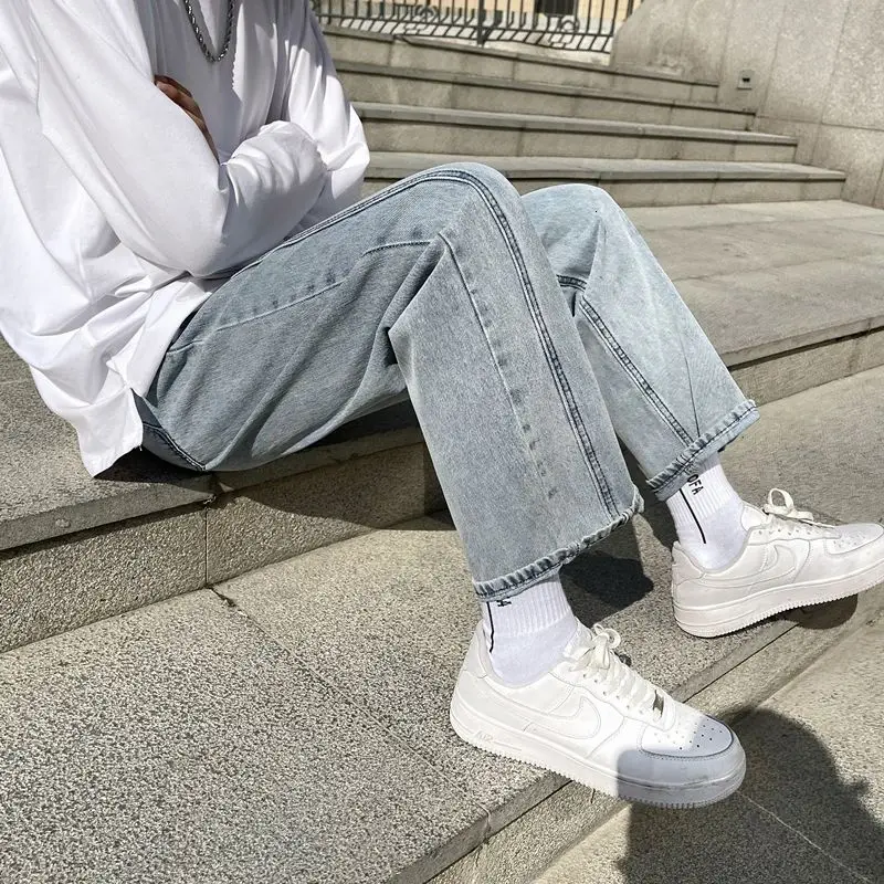 

Mens Solid Color Jeans Korean Casual Loose Harajuku Street Curled Straight Leg Pants Wide Leg Pants Men Retro Ankle-length Pants