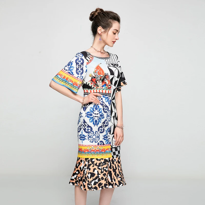 

Runway 2021 Summer New Women'S Fashion Casual Holiday Party Beach Short Sleeve Print Patchwork Midi Dress
