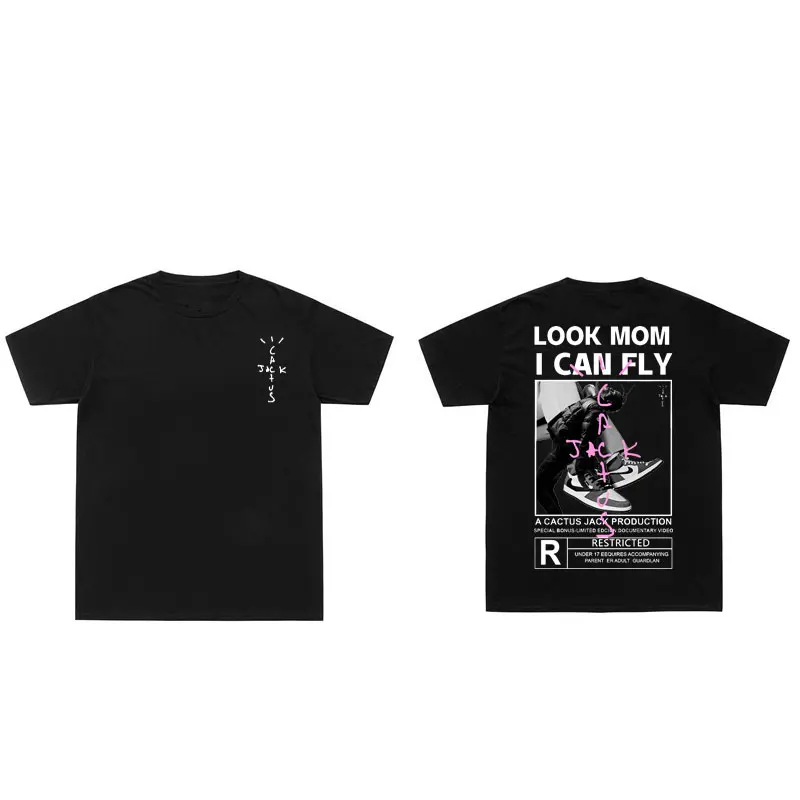 

LOOK MOM I CAN FLY Letter Logo Print T-shirt Hip Hop Rapper Cactus Jack Tshirt Travis Scott Tops Tee Men Women Casual T Shirts