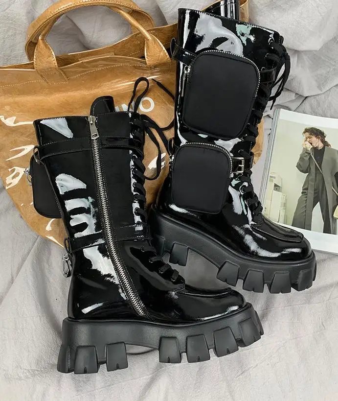 

2020 Latest Style New Arrival Pocket Motorcycle Boots Handsome Lace Up Thick-soled Black Military Shoes Half Boots