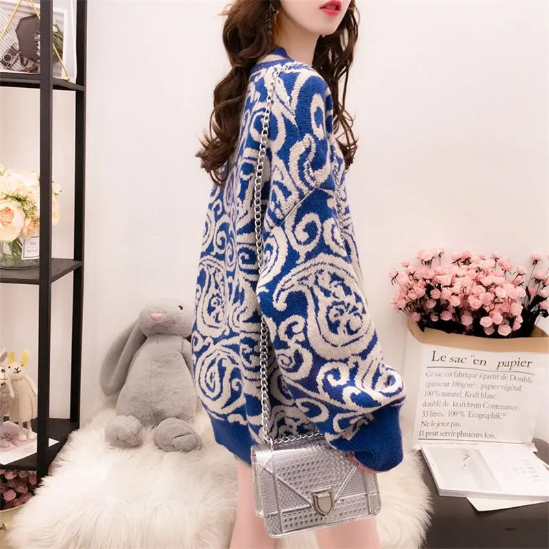 2019 autumn and winter retro ethnic style V-neck long-sleeved sweater women's head college wind knit top | Женская одежда