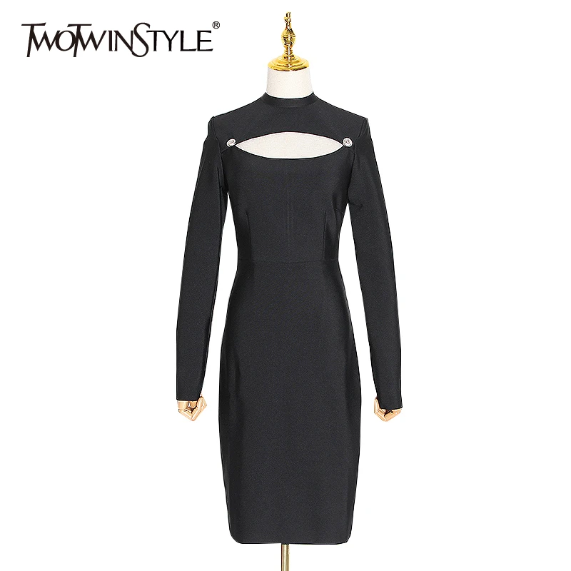 TWOTWINSTYLE черное элегантное вечернее платье для женщин с круглым вырезом длинным