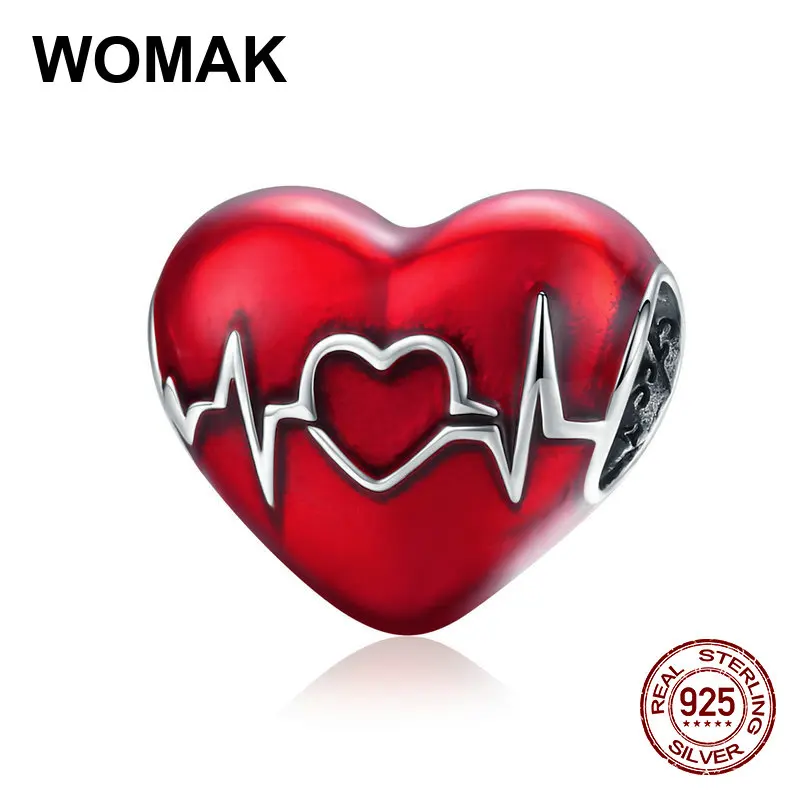 Бусины из серебра 100% пробы с красной эмалью в форме сердца для браслета |