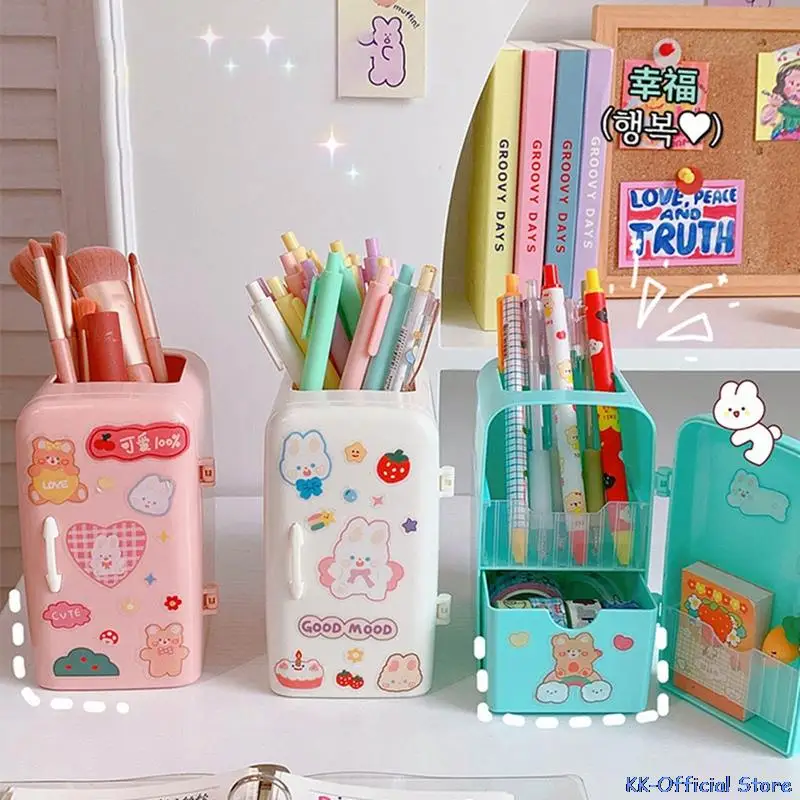 

Kawaii Refrigerator Pen Holder Desktop Makeups Pencil Pens Storage Box Creative School Office Stationery With DIY Sticker