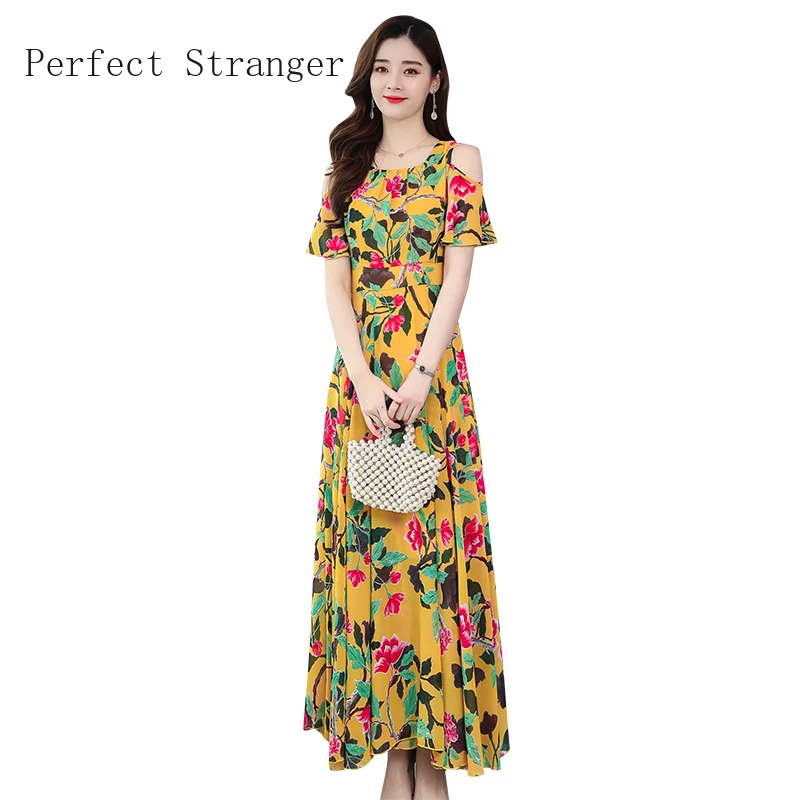

2020 Summer New Arrival High Quality Bohemian Style Flower Printed Short Sleeve Women Long ChiffonDress